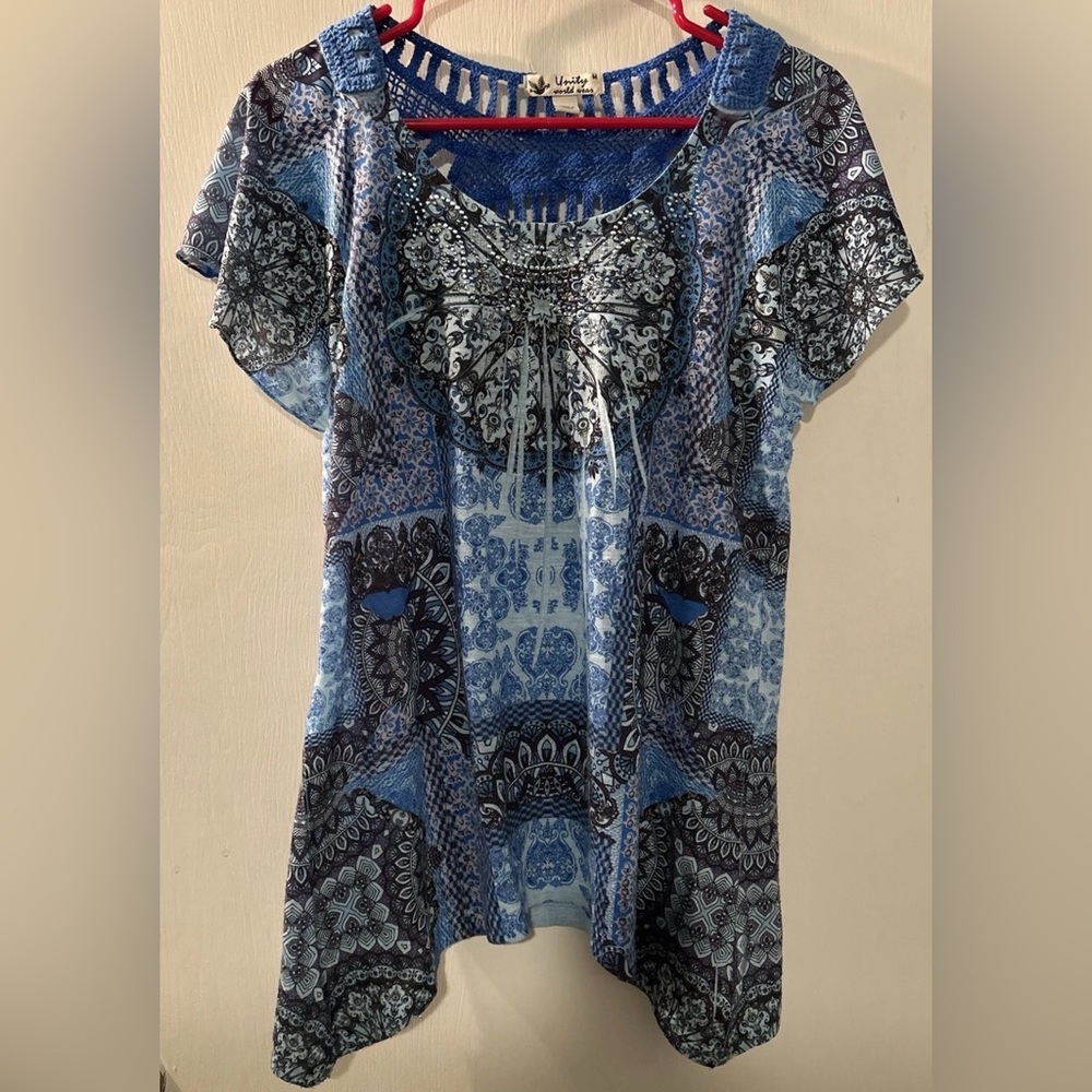 Unity World Wear Blue and Black Bohemian Blouse Size M